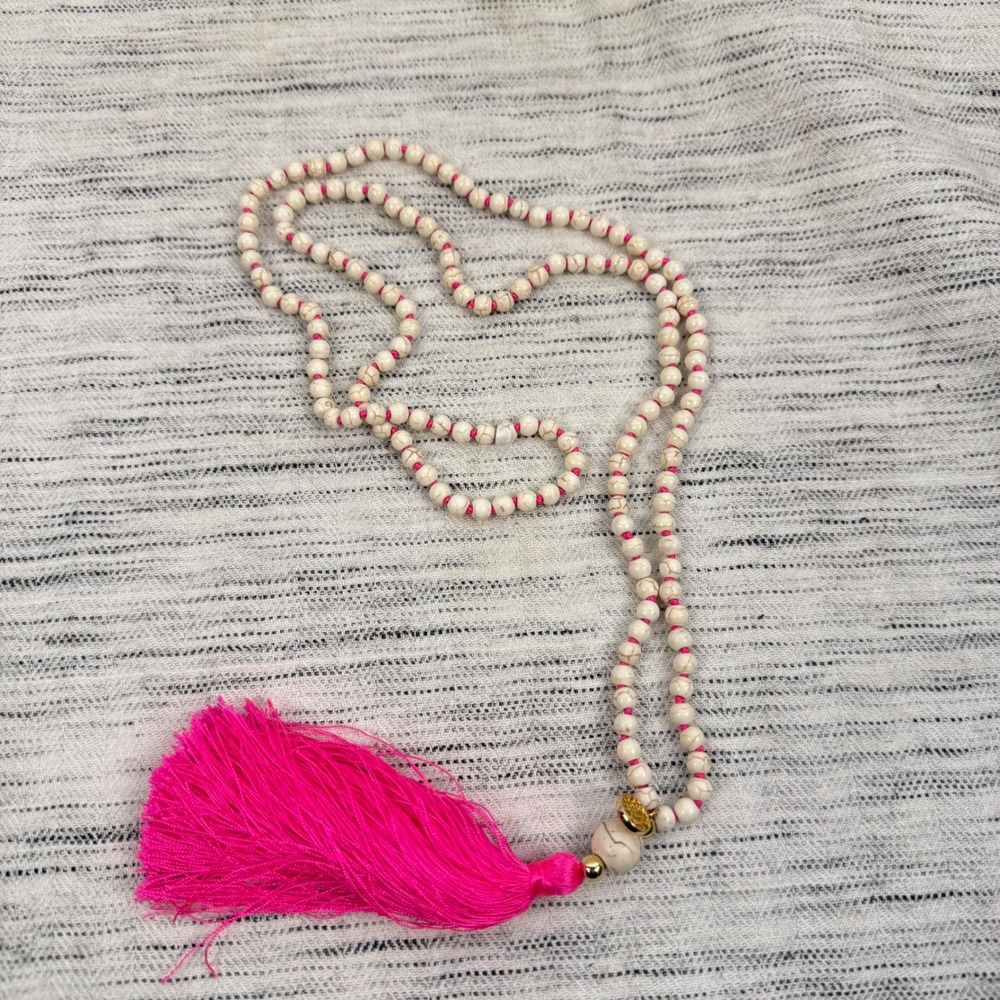 Lilly Pulitzer Beaded Tassel White Pink Gold Long Necklace 19" Beachy Statement